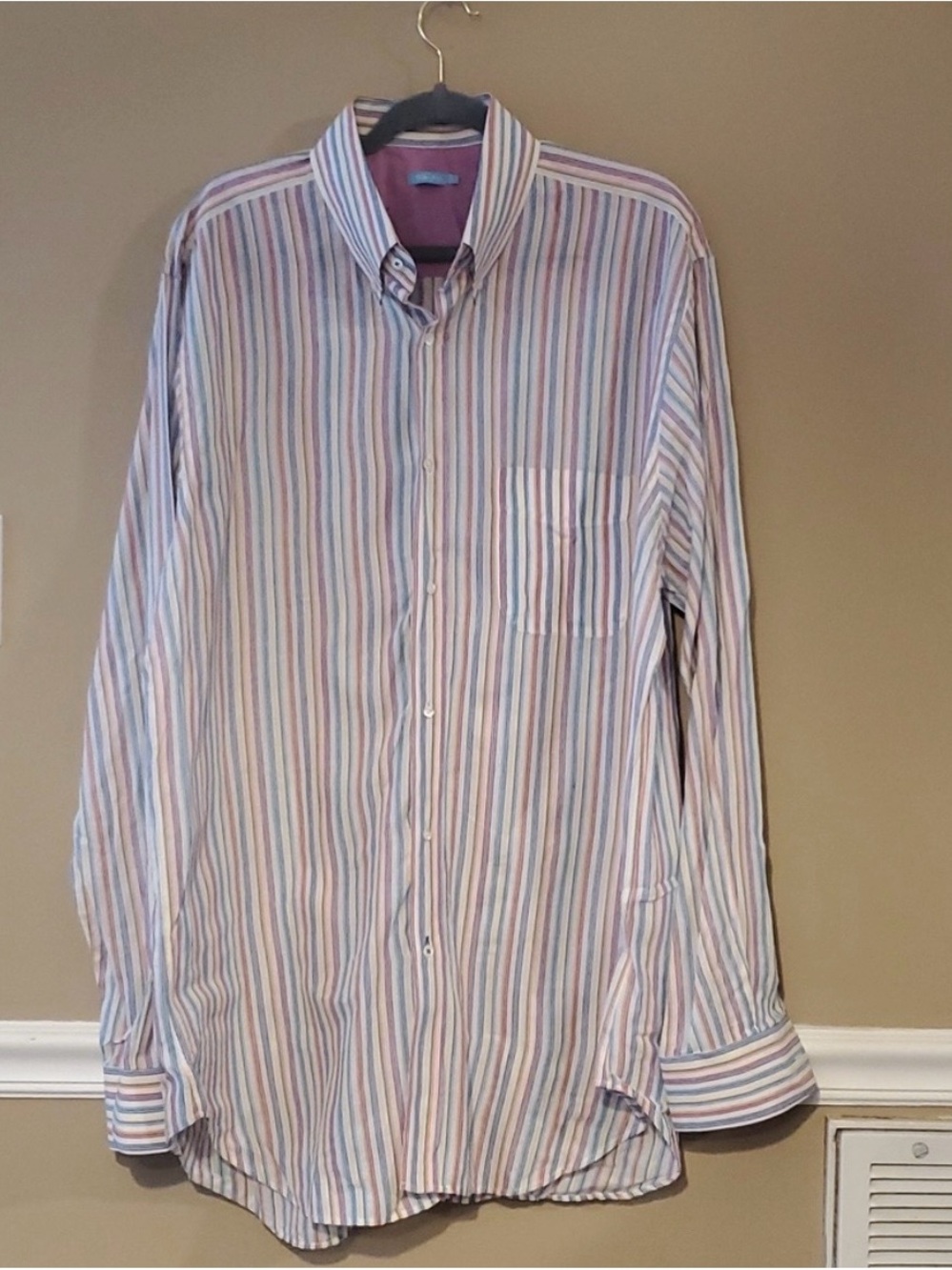 J. McLaughlin Men's Stripe Button-Down Shirt - White with Blue & Pink Stripes